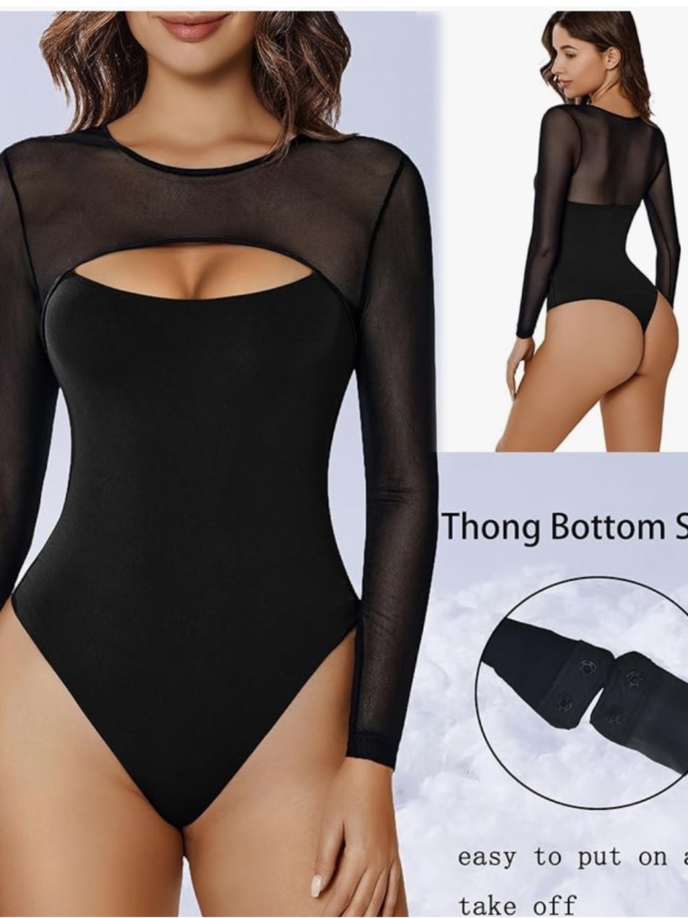 Avidlove Black Mesh Long Sleeve Cutout Bodysuit - Unbranded